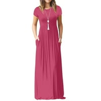 Женски Фустани Краток Ракав Макси Мода А-Линија Печатени Лажичка Вратот Летен Фустан Топла Розова XL