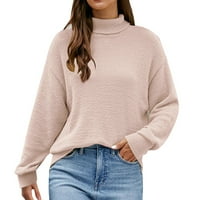 Дами Темперамент Желка Цврста Боја Пуловер Со Долги Ракави Плетен Џемпер Женски Пуловер Џемпер Розова М
