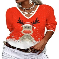 Wrcnote дами елк печати со долга ракав Туника блуза, строга работа етничка етничка маичка вкрстена лента V вратот Божиќ кошула